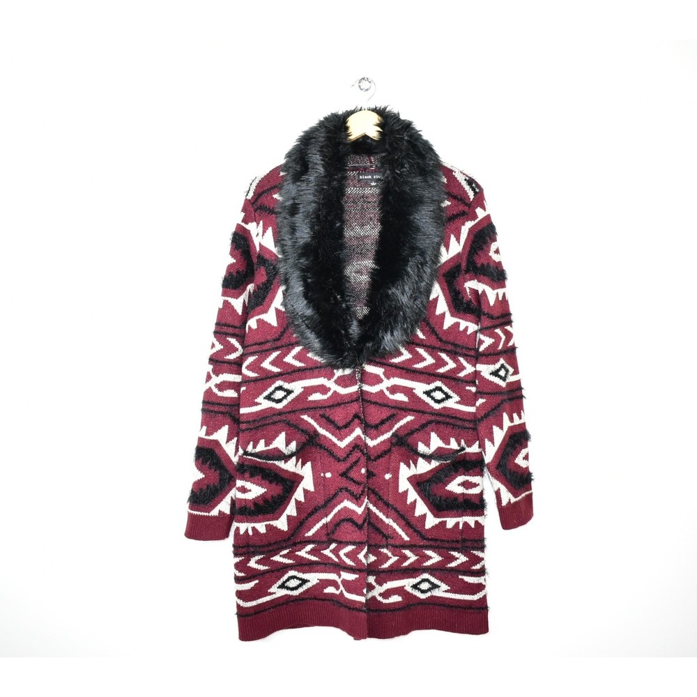 Black Rivet Aztec Faux Fur Cardigan Sweater Size L Southwestern Maroon Duster